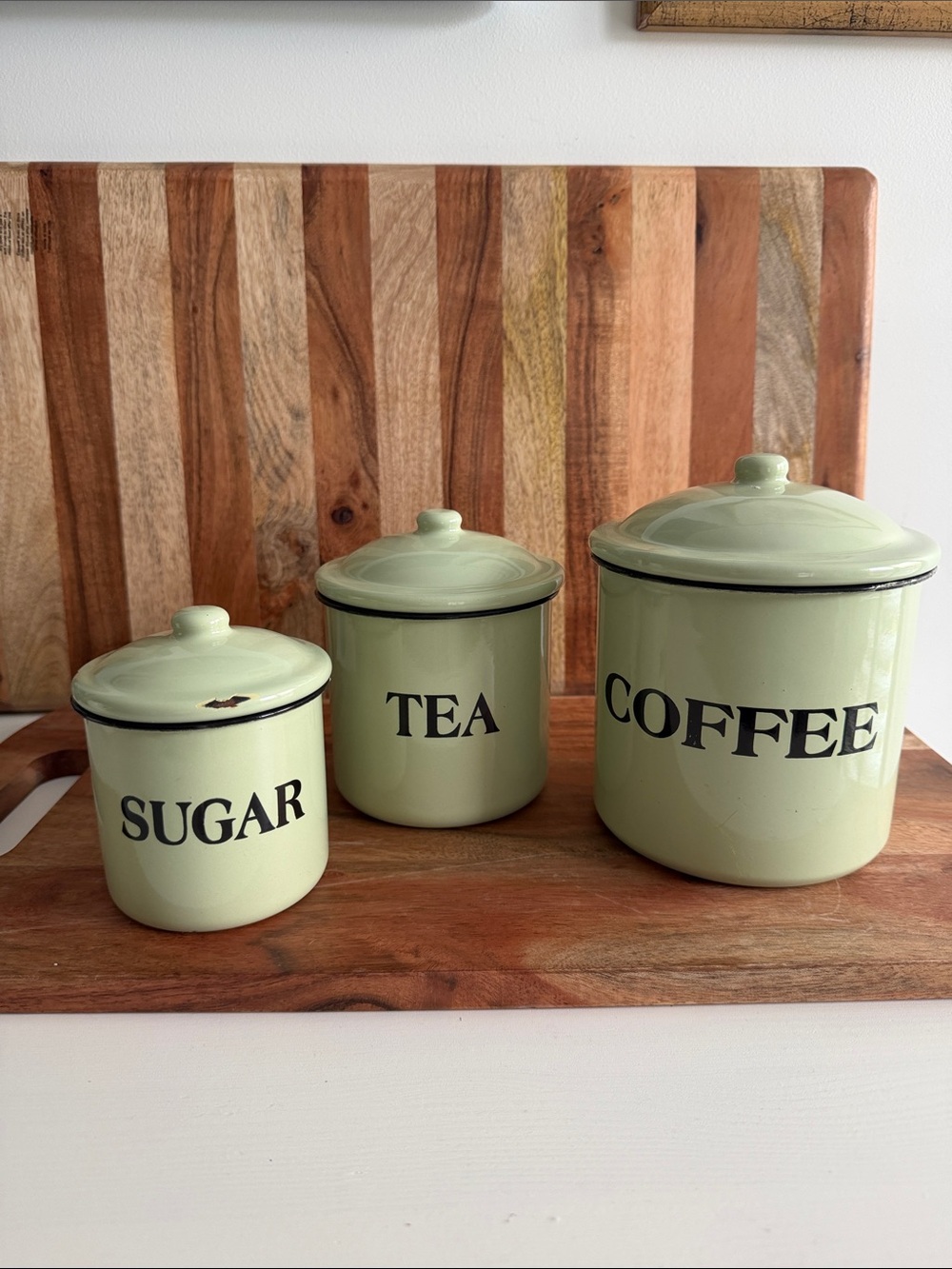 Vintage-Style Green Coffee Tea Sugar Enamel Canister Set
